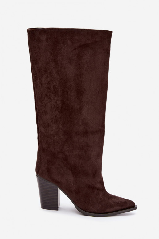 Dames kniehoge instaplaarzen met hakken in faux suede chocoladekleur Carmina