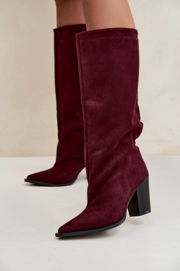 Dames kniehoge instaplaarzen met hakken in faux suede bordeauxkleur Carmina