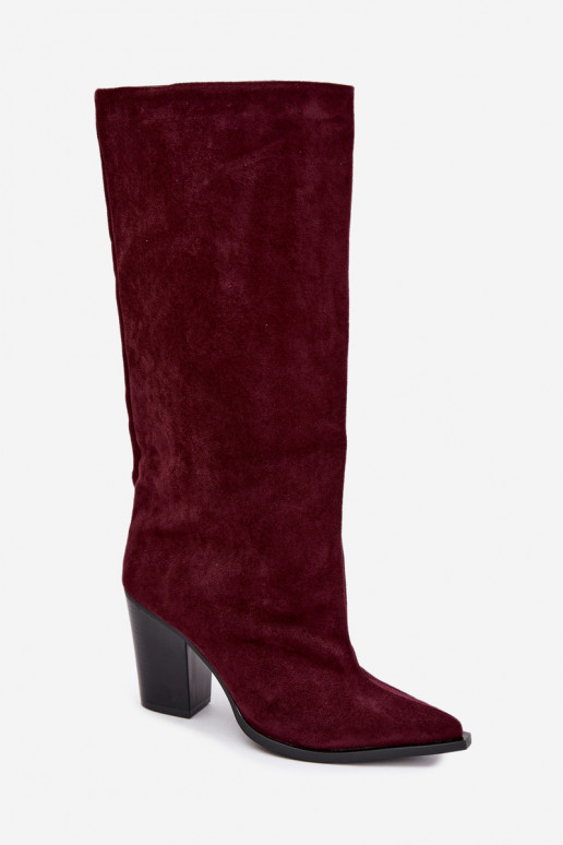 Dames kniehoge instaplaarzen met hakken in faux suede bordeauxkleur Carmina