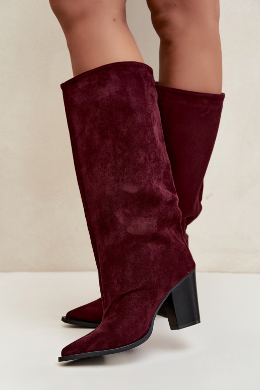 Dames kniehoge instaplaarzen met hakken in faux suede bordeauxkleur Carmina