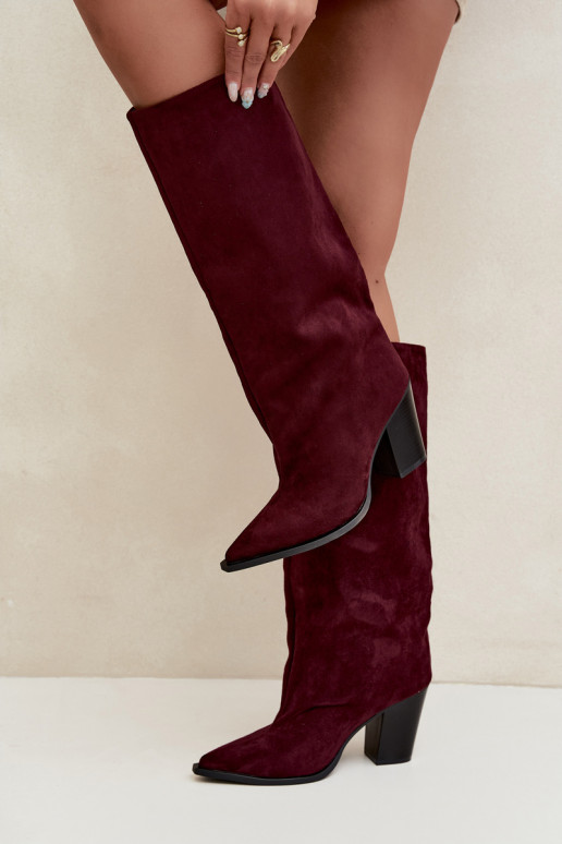 Dames kniehoge instaplaarzen met hakken in faux suede bordeauxkleur Carmina