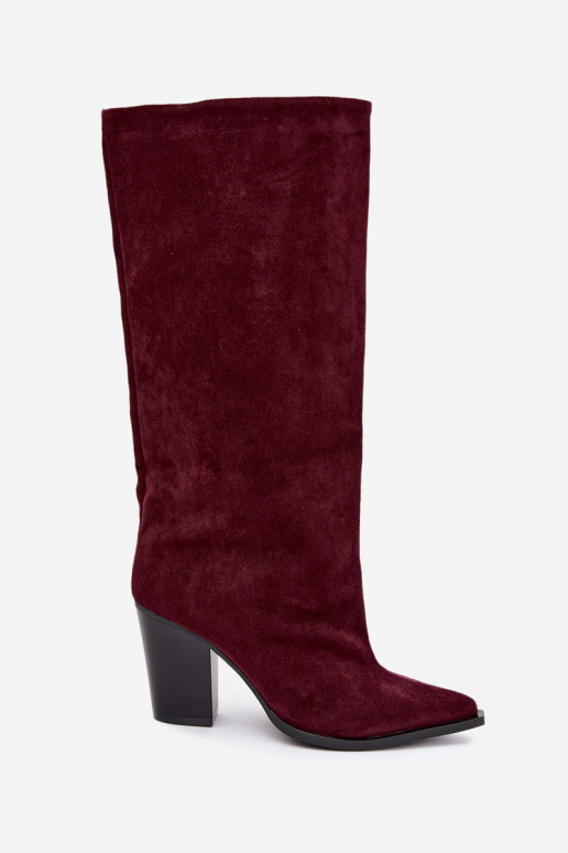 Dames kniehoge instaplaarzen met hakken in faux suede bordeauxkleur Carmina