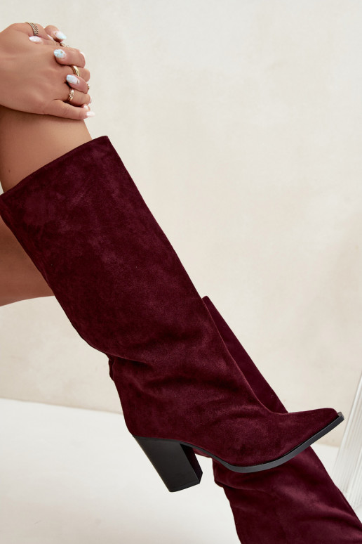 Dames kniehoge instaplaarzen met hakken in faux suede bordeauxkleur Carmina
