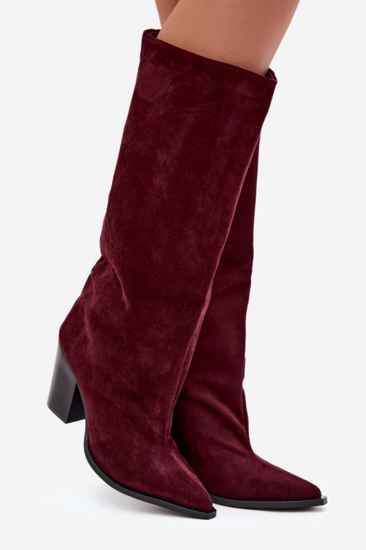Dames kniehoge instaplaarzen met hakken in faux suede bordeauxkleur Carmina