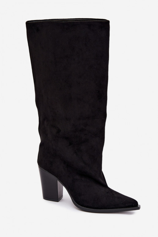 Dames kniehoge instaplaarzen met hakken in faux suede zwarte kleur Carmina
