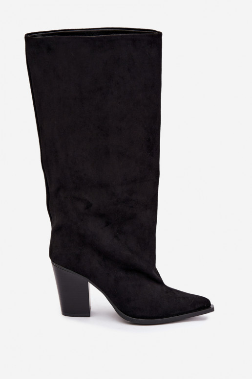 Dames kniehoge instaplaarzen met hakken in faux suede zwarte kleur Carmina