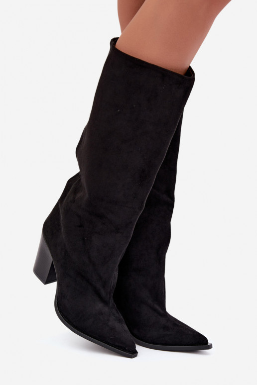 Dames kniehoge instaplaarzen met hakken in faux suede zwarte kleur Carmina