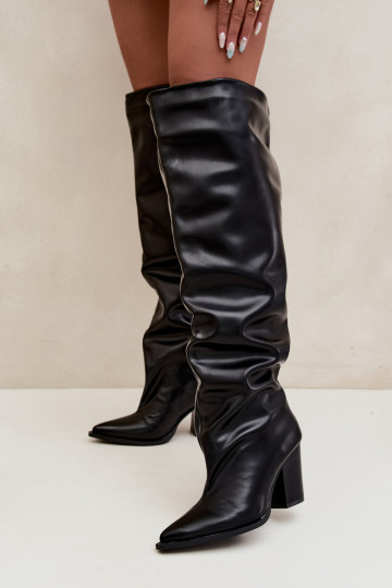 Dames lange laarzen met hak in instapmodel van zwart faux leather Anica 2