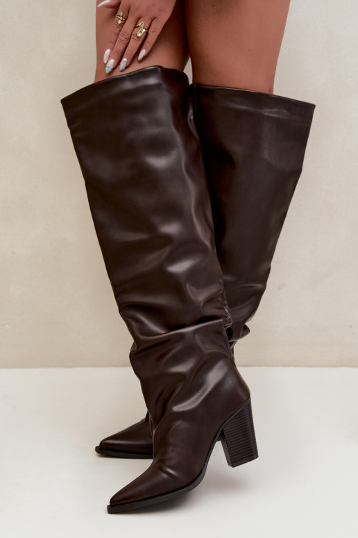 Dames lange laarzen met hak in instapmodel van chocolade faux leather Anica
