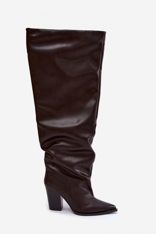 Dames lange laarzen met hak in instapmodel van chocolade faux leather Anica