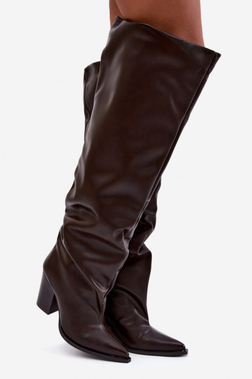 Dames lange laarzen met hak in instapmodel van chocolade faux leather Anica