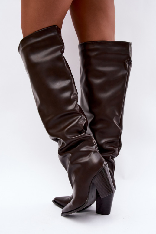 Dames lange laarzen met hak in instapmodel van chocolade faux leather Anica