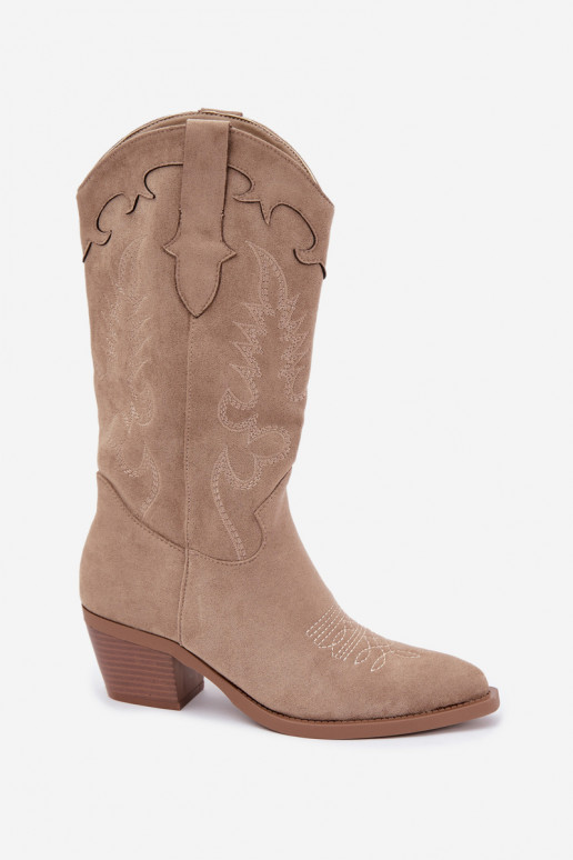 Zandkleurige faux suede cowboylaarzen met hakken Jarissa