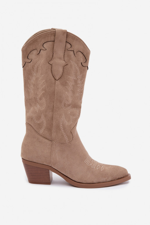 Zandkleurige faux suede cowboylaarzen met hakken Jarissa