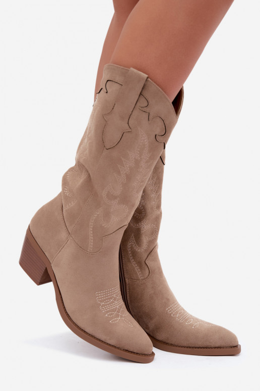 Zandkleurige faux suede cowboylaarzen met hakken Jarissa