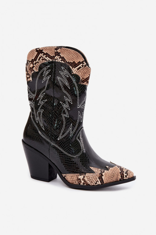 gevoerd cowboy-stijl enkellaarsjes met reliëf in zwart en bruin Ambery