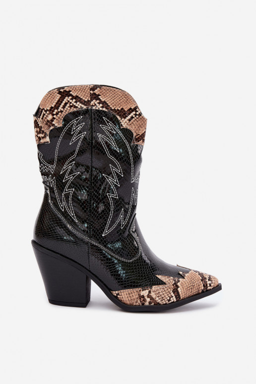 gevoerd cowboy-stijl enkellaarsjes met reliëf in zwart en bruin Ambery