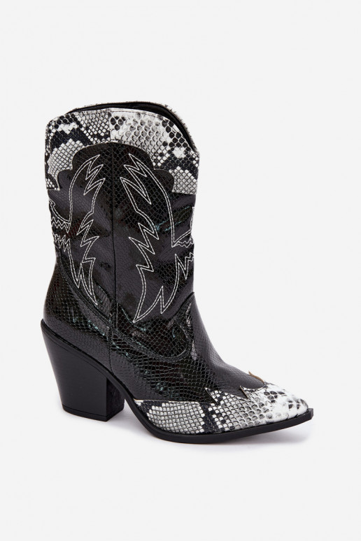 gevoerd cowboy-stijl enkellaarsjes met reliëf in zwart en wit Ambery