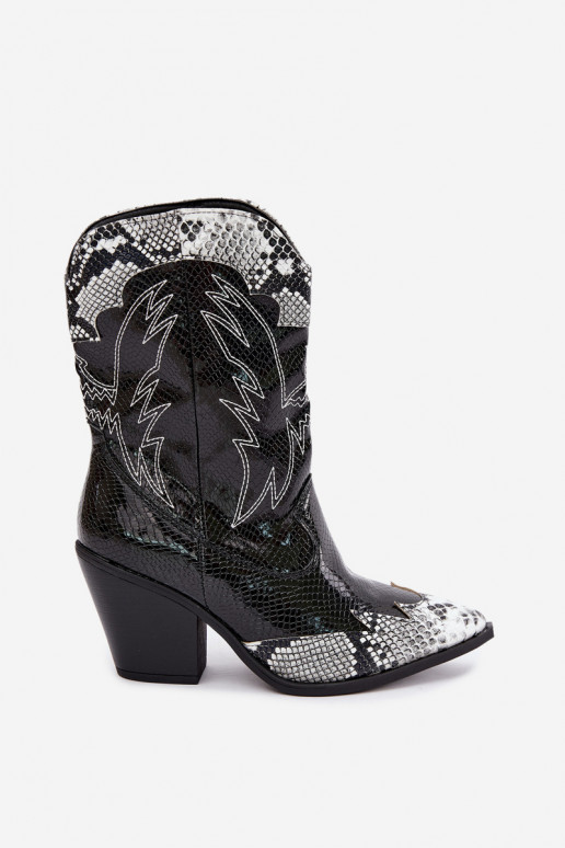 gevoerd cowboy-stijl enkellaarsjes met reliëf in zwart en wit Ambery