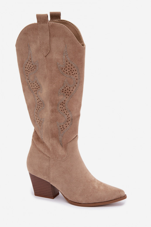lange cowboy-stijl laarzen met decoratie op de schacht in zandkleur Greyla