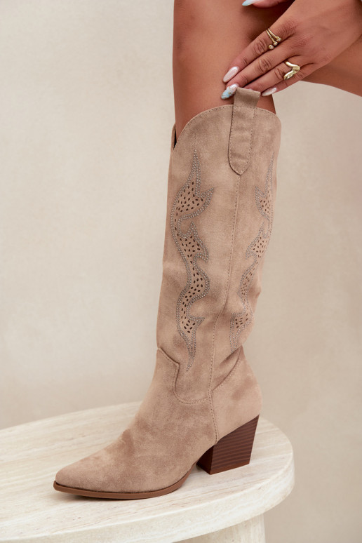 lange cowboy-stijl laarzen met decoratie op de schacht in zandkleur Greyla