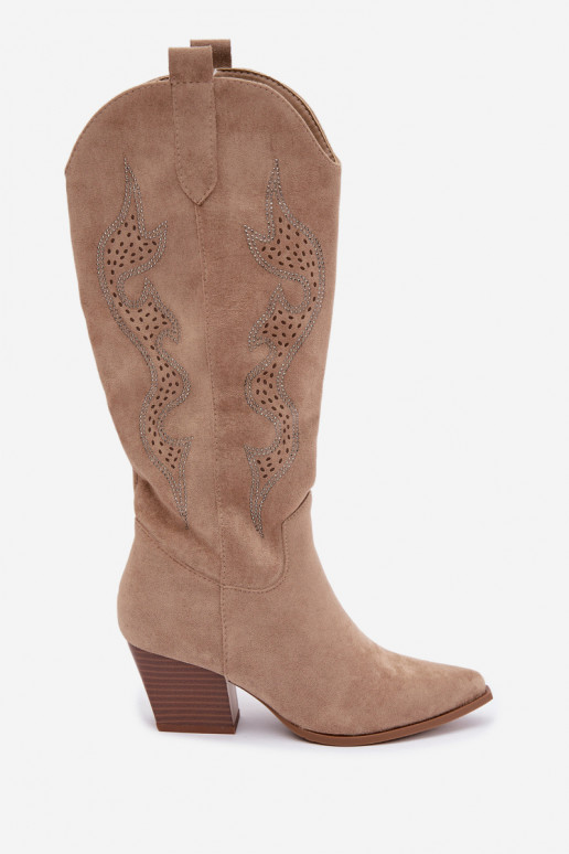 lange cowboy-stijl laarzen met decoratie op de schacht in zandkleur Greyla