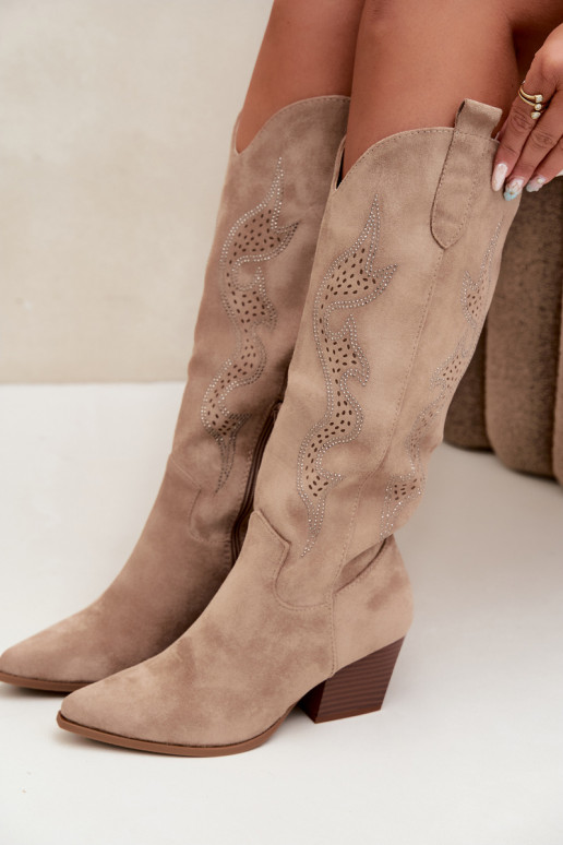 lange cowboy-stijl laarzen met decoratie op de schacht in zandkleur Greyla