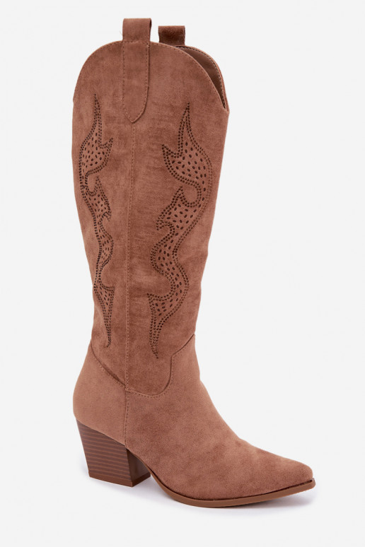 lange cowboy-stijl laarzen met decoratie op de schacht in bruine kleur Greyla