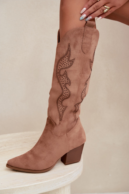 lange cowboy-stijl laarzen met decoratie op de schacht in bruine kleur Greyla