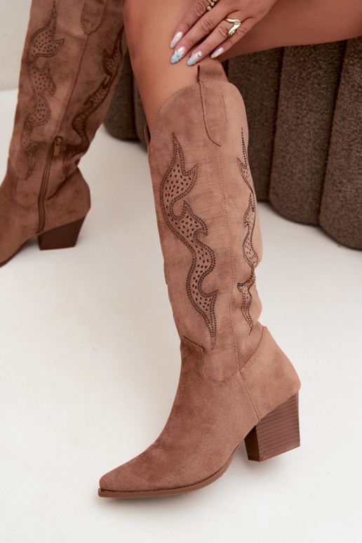 lange cowboy-stijl laarzen met decoratie op de schacht in bruine kleur Greyla