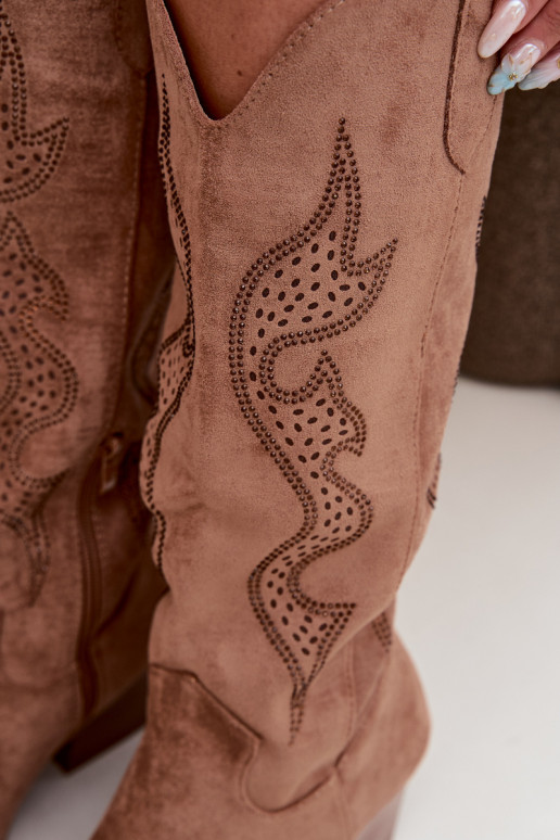 lange cowboy-stijl laarzen met decoratie op de schacht in bruine kleur Greyla
