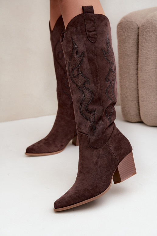 lange cowboy-stijl laarzen met decoratie op de schacht in chocoladekleur Greyla