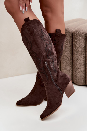 lange cowboy-stijl laarzen met decoratie op de schacht in chocoladekleur Greyla 2