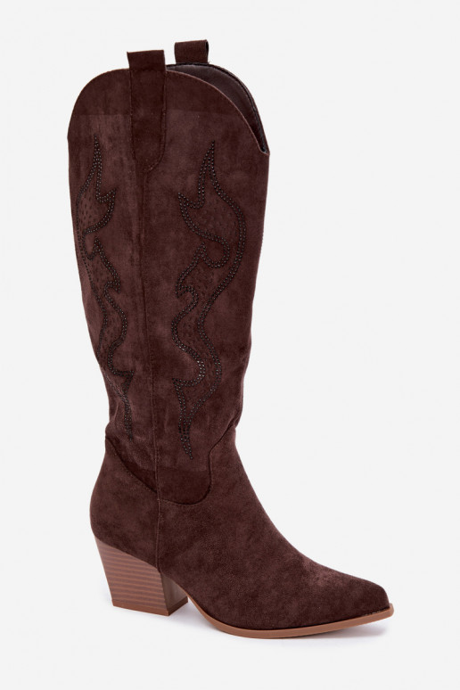 lange cowboy-stijl laarzen met decoratie op de schacht in chocoladekleur Greyla