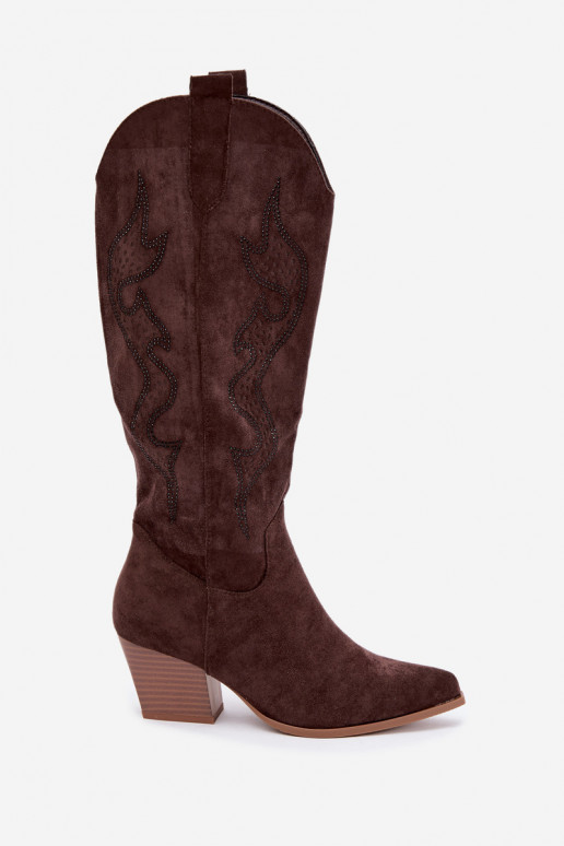lange cowboy-stijl laarzen met decoratie op de schacht in chocoladekleur Greyla