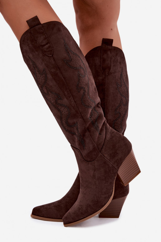 lange cowboy-stijl laarzen met decoratie op de schacht in chocoladekleur Greyla