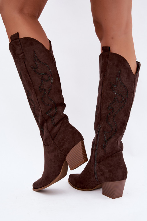 lange cowboy-stijl laarzen met decoratie op de schacht in chocoladekleur Greyla