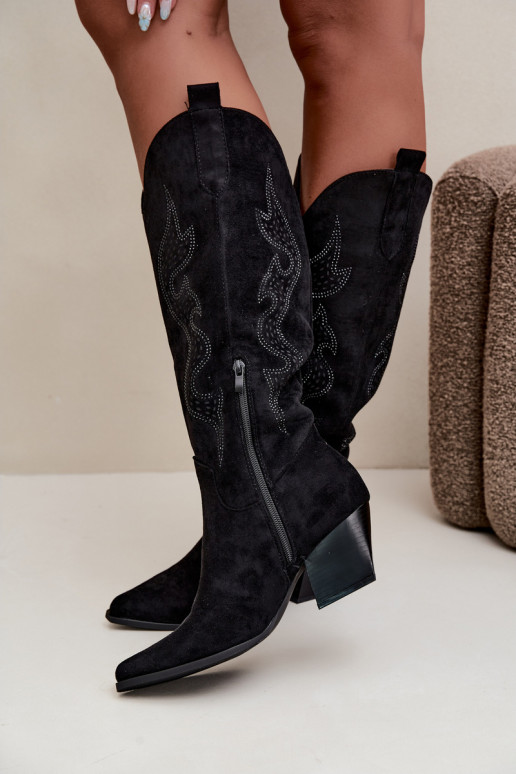 lange cowboy-stijl laarzen met decoratie op de schacht in zwarte kleur Greyla