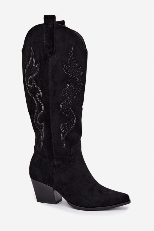 lange cowboy-stijl laarzen met decoratie op de schacht in zwarte kleur Greyla