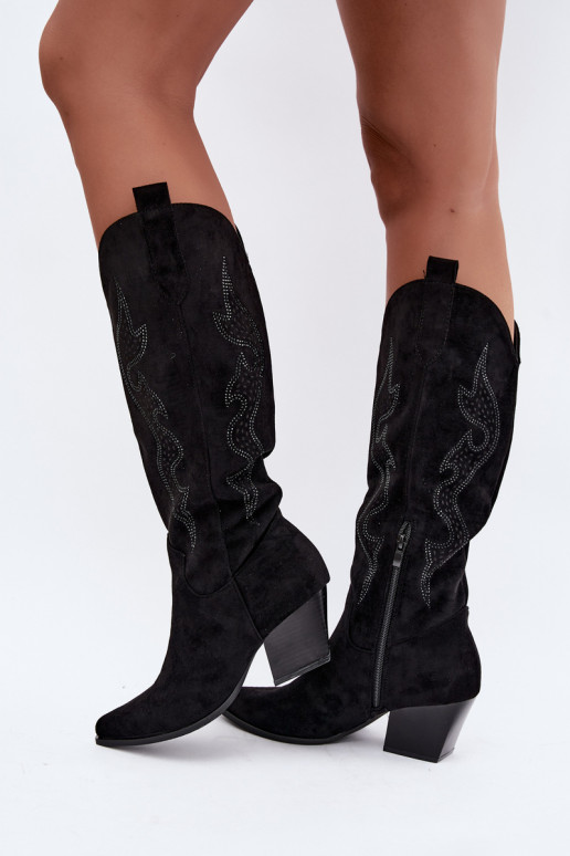 lange cowboy-stijl laarzen met decoratie op de schacht in zwarte kleur Greyla