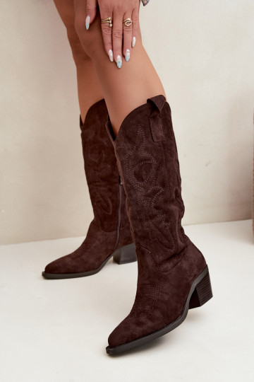 lange cowboy-stijl laarzen met hak in chocoladekleur INesly
