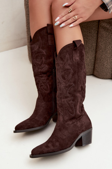 lange cowboy-stijl laarzen met hak in chocoladekleur INesly 2