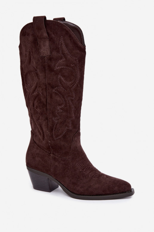 lange cowboy-stijl laarzen met hak in chocoladekleur INesly