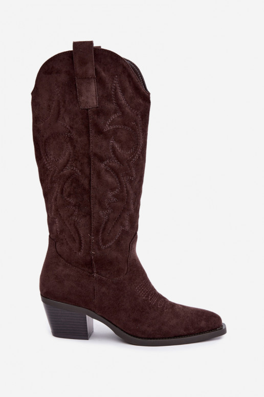 lange cowboy-stijl laarzen met hak in chocoladekleur INesly