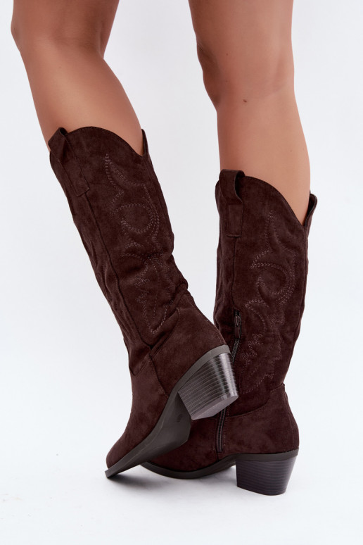 lange cowboy-stijl laarzen met hak in chocoladekleur INesly
