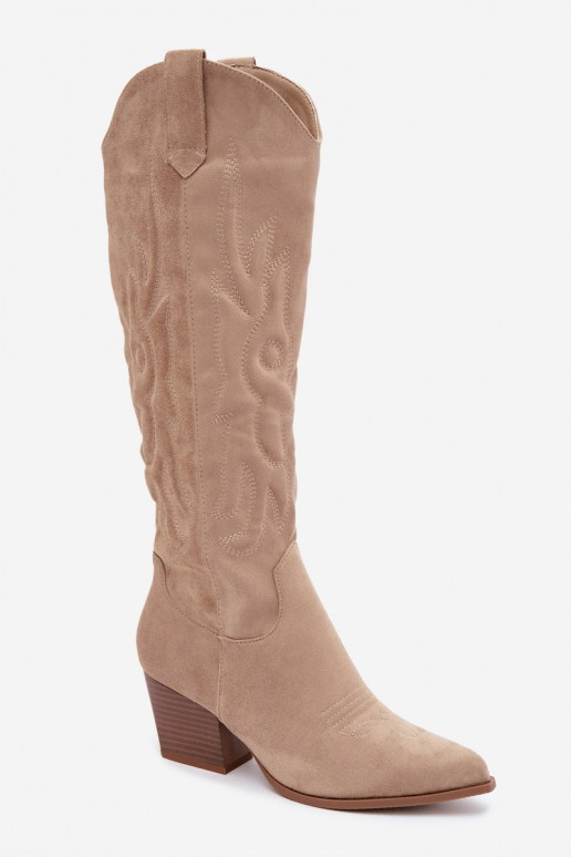 dames cowboy-stijl kniehoogte laarzen met hakken in zandkleur Glenor