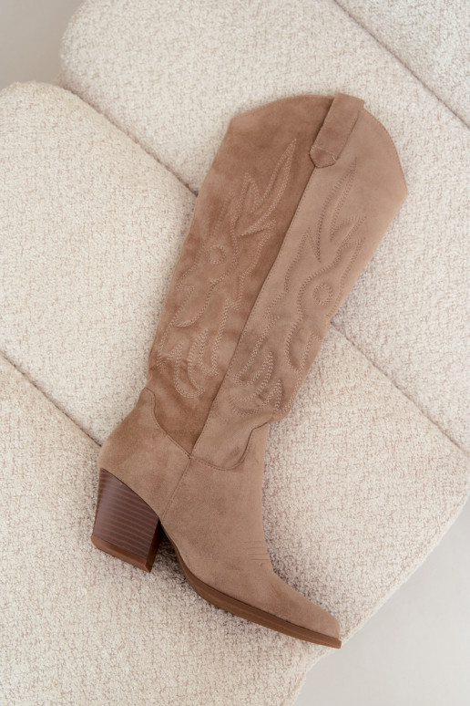 dames cowboy-stijl kniehoogte laarzen met hakken in zandkleur Glenor