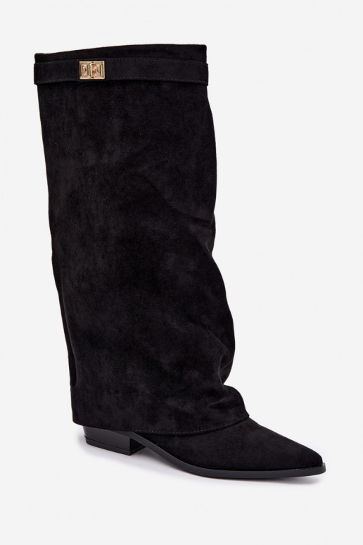 dames kniehoogte laarzen met een gestikte schacht op een lage hak van faux suede in zwart Gisellea