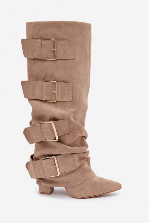 dames kniehoogte laarzen met een gestikte schacht in goudkleur met gespen van faux suede in khaki Isa