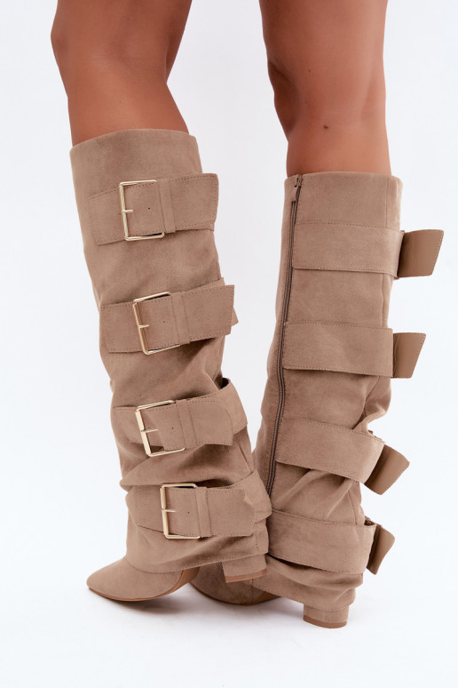 dames kniehoogte laarzen met een gestikte schacht in goudkleur met gespen van faux suede in khaki Isa